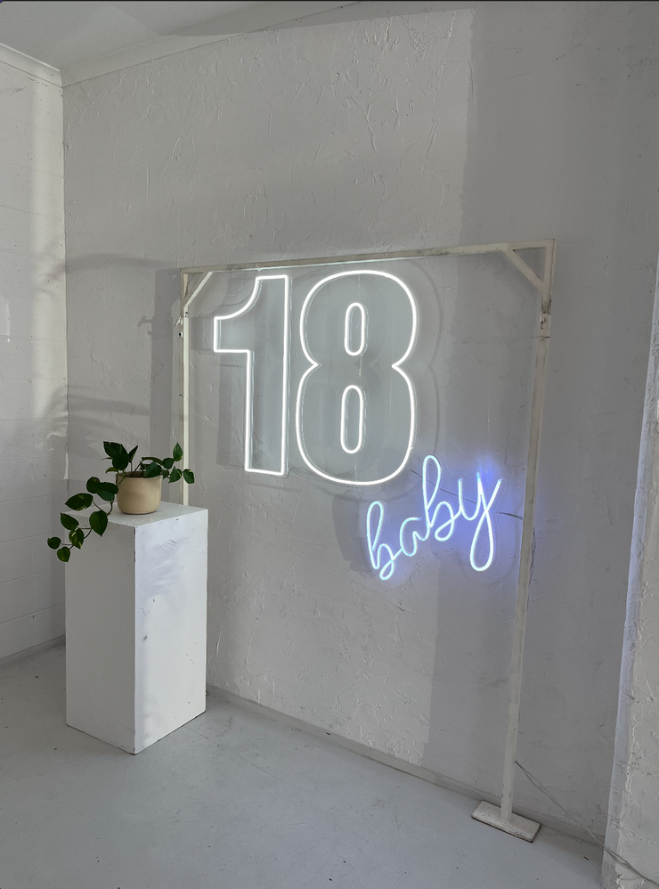 18 neon sign with baby - hire in adelaide with status glow
